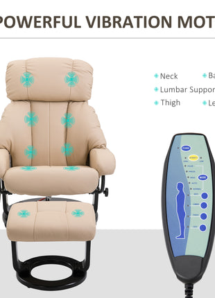 10-Point Massage Recliner Chair, Vibration Massage Sofa with Ottoman Footrest, Faux Leather and Swivel Wood Base for Living Room & Bedroom, Beige