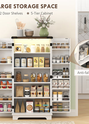 47" Kitchen Cabinet with Sensing LED Light, Kitchen Pantry Cabinet with Doors, Adjustable Shelves, Door Shelves, White