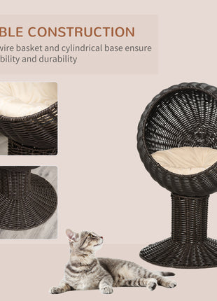 Elevated Cat Bed with Rotatable Egg Chair Pod, Cat Basket Bed with Thick Cushion, Natural Mat Grass Woven Kitty House, Coffee