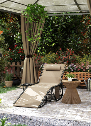 Folding Outdoor Chaise Lounge Chair Tanning Chair with 5-Level Adjustable Back, Side Table, Pillow, Pocket, Beige