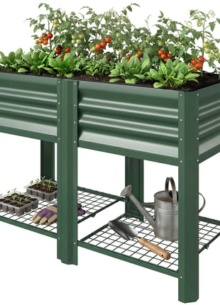 Raised Garden Bed Galvanized Steel, Elevated Planter Box with Storage Shelf, Bed Liner, 31.5" High, Green