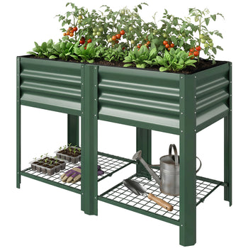 Raised Garden Bed Galvanized Steel, Elevated Planter Box with Storage Shelf, Bed Liner, 31.5" High, Green