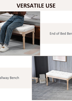 32" Linen Upholstered Bedroom Bench, French End of Bed Bench with Thick Padded Cushion and Wooden Legs, Cream White