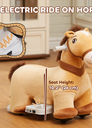 Battery Powered Electric Ride on Pony, 6V Ride on Horse w/ with Music Forward, PU Wheels, Aged 18-36 Months, Brown