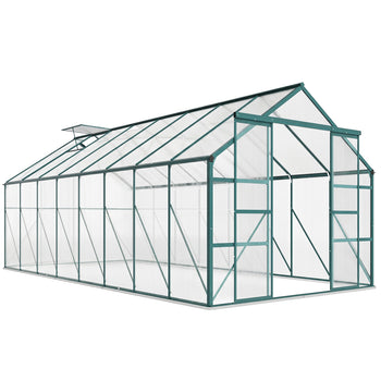 16' x 8' Aluminum Greenhouse Polycarbonate Walk-in Garden Greenhouse Kit with Adjustable Roof Vent, Rain Gutter and Sliding Door for Winter, Clear