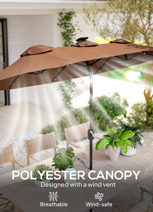 Double-sided Patio Umbrella, 9.7 ft. Outdoor Umbrella with 45-Degree Tilt and Crank, LED Solar Light and 12 Ribs, Coffee