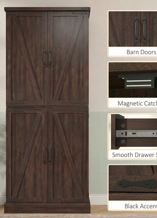 72" Tall Kitchen Pantry Cabinet, Farmhouse Storage Cabinet with 8 Door Racks and Adjustable Shelves, Distressed Brown