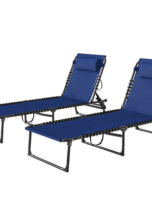 2 Folding Chaise Lounge Pool Chairs with 4-Position Reclining Back, Pillow, Breathable Mesh & Bungee Seat, Blue