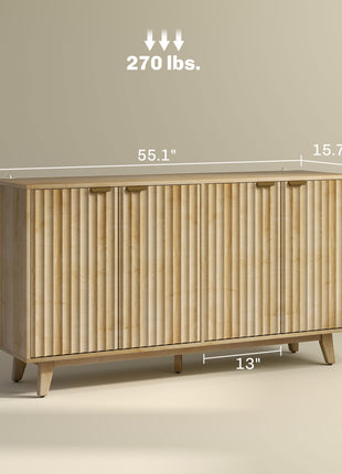 Fluted Sideboard Buffet Cabinet, 55" Coffee Bar Cabinet with 4 Doors, 2 Adjustable Shelves, 5 Wood Legs, Oak