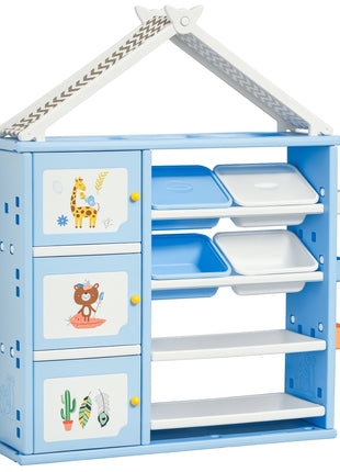 Kids Toy Storage Organizer with 4 Bins, Storage Cabinets, Bookshelf and 4-Layers Toy Collection Shelves, Blue
