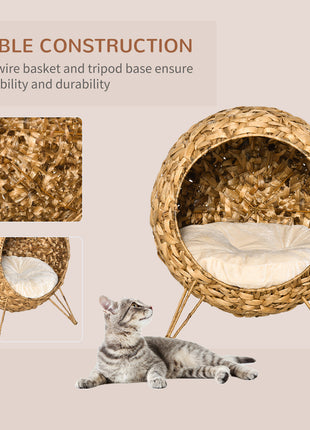 20.5" Weaved Cat Bed, Elevated Hand-woven Braided Banana Leaf Kitten House Condo with Cushion, Natural