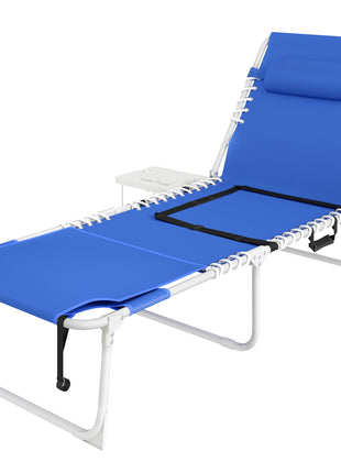 Tanning Chair with Face Hole and Side Table, 5-Position Folding Outdoor Chaise Lounge Chair, Navy Blue