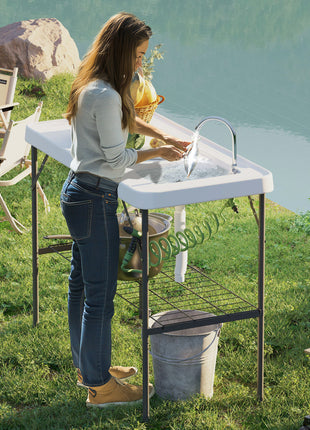 Folding Fish Cleaning Table with Sink, Portable Camping Table with Faucet, Drainage Hose, Sprayer and Shelf, White
