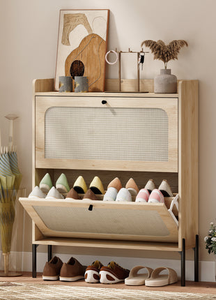 Shoe Cabinet with 2 Flip Drawers, Boho Narrow Shoe Storage Cabinet, Oak