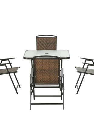 5 Pieces Patio Table and Chairs, Foldable Wicker Outdoor Dining Table Set with Umbrella Hole, Dark Brown