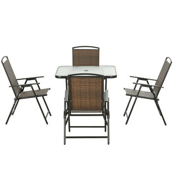 5 Pieces Patio Table and Chairs, Foldable Wicker Outdoor Dining Table Set with Umbrella Hole, Dark Brown