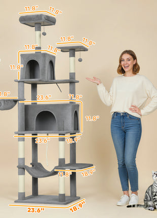 Multi-Level Cat Tower, 80" Tall Cat Tree, with 2 Condos, 2 Hammocks, 6 Sisal Scratching Posts, Dark Gray