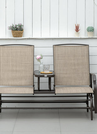 Outdoor Glider Bench with Center Table, Metal Frame Patio Loveseat with Breathable Mesh Fabric and Armrests for Backyard Garden Porch, Brown