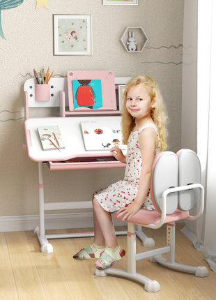 Height Adjustable Kids Desk and Chair Set for Writing Drawing w/ Tilt Desktop, Storage Drawer and Reading Rack, Pink