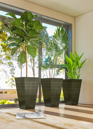 Set of 3 Tall Planters, 28" Outdoor Planter w/ Drainage Holes, Faux Wood Plastic Flower Pots, Dark Brown