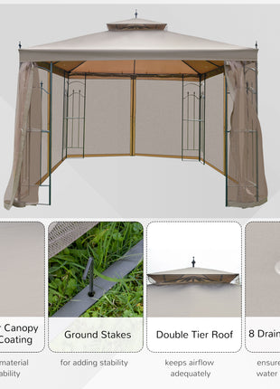 10' x 10' Patio Gazebo with Corner Frame Shelves, Double Roof Outdoor Gazebo Canopy Shelter with Netting for Patio, Wedding, Catering & Events, Brown