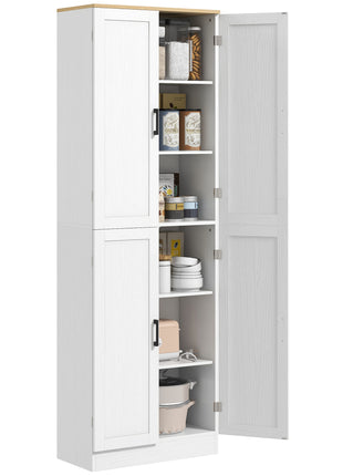 Freestanding Kitchen Pantry, 4-Door Kitchen Pantry Cabinet with Adjustable Shelves and Doors, Distressed White