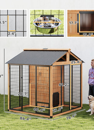 7' x 6' Extra Large Dog House, Wood Outdoor Dog Kennel with Storage Cabinet, Stainless Steel Bowls, Light Yellow