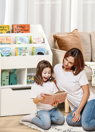 Kids Bookcase Multi-Shelf Book Rack with Mobile Drawer for Books, Toys, White