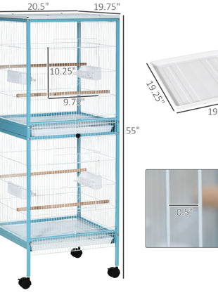 55" 2 In 1 Bird Cage Aviary Parakeet House for finches, budgies with Wheels, Light Blue