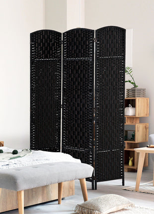 Room Divider 3 Panel, 6FT Tall Folding Privacy Screen, Freestanding Hand-Woven Partition for Room Separation with 360° Hinges, Paper Rope Diamond Weave, Black