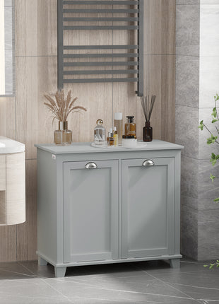 Dual Tilt out Laundry Hamper Cabinet, Bathroom Storage Cabinet with 2-Compartment Hamper, Modern Bathroom Floor Cabinet for Washroom, Gray