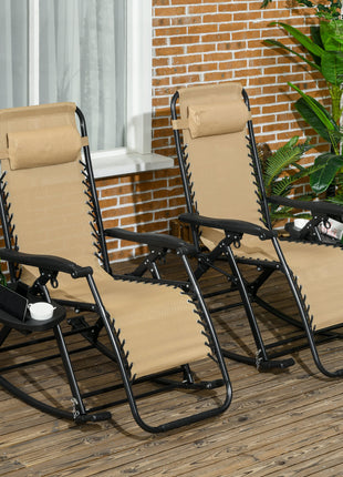 2 Outdoor Rocking Chairs Foldable Reclining Zero Gravity Lounge Rockers w/ Pillow Cup & Phone Holder, Beige