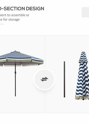 9ft Patio Umbrella Outdoor Table Umbrella w/ Tilt, Crank, Ruffled, 8 Ribs for Garden, Deck, Pool, Blue Stripe