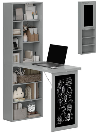 Fold-out Convertible Office Desk, Wall Mount Computer Desk with Blackboard and Side Shelf, Charcoal Gray