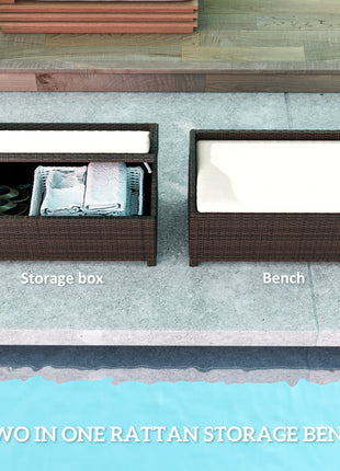 Outdoor Wicker Storage Bench with Storage & Cushion, Cream White
