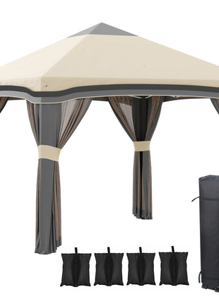 10' x 10' Pop Up Canopy Tent with Netting, Instant Tents for Parties, Height Adjustable, with Wheeled Carry Bag and 4 Sand Bags for Outdoor, Garden, Patio, Beige