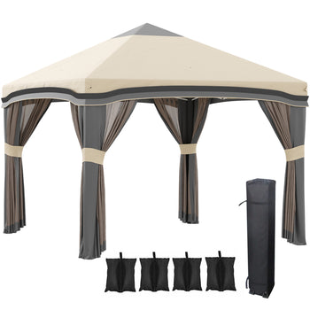 10' x 10' Pop Up Canopy Tent with Netting, Instant Tents for Parties, Height Adjustable, with Wheeled Carry Bag and 4 Sand Bags for Outdoor, Garden, Patio, Beige