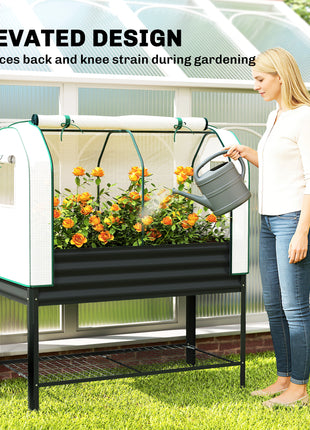 Galvanised Raised Garden Bed with Greenhouse Cover, Metal Elevated Garden Bed with Bed Liner, Bottom Shelf, Black