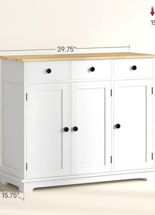Kitchen Storage Cabinet, Sideboard Floor Cupboard with Solid Wood Top, Adjustable Shelf, and 3 Drawers, White