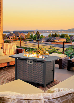 43 Inch Outdoor Propane Gas Fire Pit Table, 50,000 BTU Auto-Ignition Rectangular Wicker-effect Gas Firepit with Glass Wind Guard, Lid, Glass Beads, Steel Base, CSA Certification, Bronze