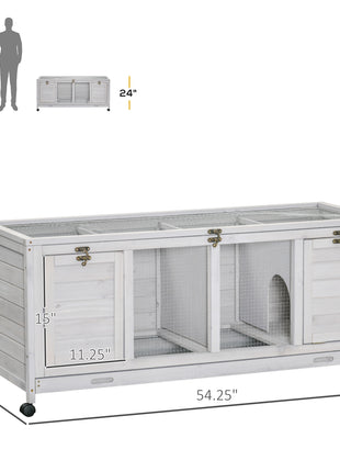 Wooden Rabbit Hutch with Wheels, Dividers for Indoor Use, Light Gray