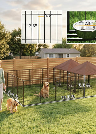 Large Outdoor Dog Kennel with 2 Rooms, Rotating & Adjustable Height Bowls, 13.5' x 9.4' x 5.1'
