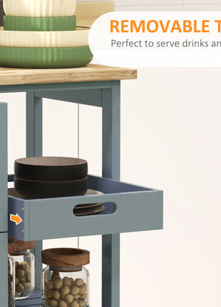 Rolling Kitchen Cart, Kitchen Island with Wood Top, Shelves & Drawers for Dining Area, Gray