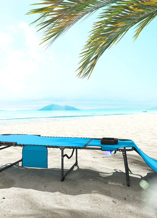 Folding Chaise Tanning Lounge Chair w/ 5-level Reclining Back, Reading Hole, Side Pocket, Headrest, Blue