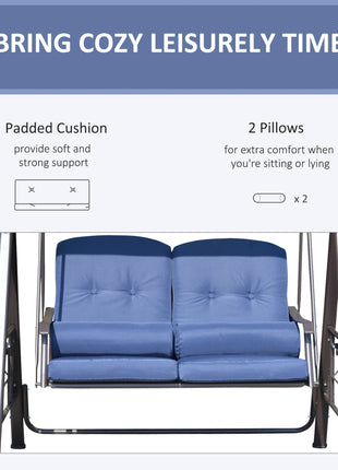 2-Person Patio Swing Bench with Adjustable Shade Canopy, Soft Cushions, Throw Pillows and Tray, Dark Blue