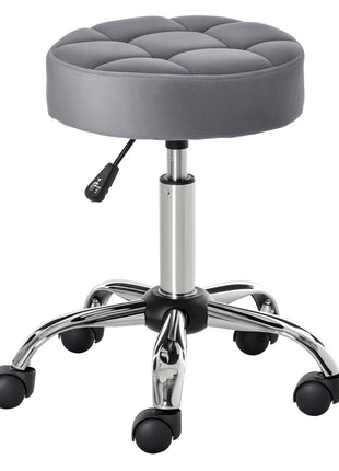 Round Rolling Stool with Height Adjustable Lift, Vanity Chair with Luxury Style Upholstery, Office Chair with Swivel Seat and Wheels for Work Spa Salon, Grey