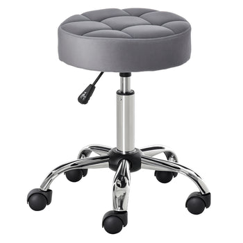 Round Rolling Stool with Height Adjustable Lift, Vanity Chair with Luxury Style Upholstery, Office Chair with Swivel Seat and Wheels for Work Spa Salon, Grey