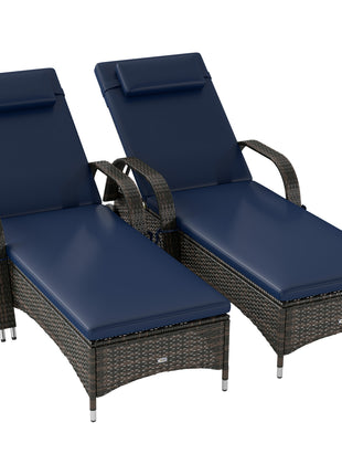 2 Reclining Chaise Lounge Chairs, Rolling Outdoor Chairs with Cushion, Pillow, Headrest, Armrests, and Wheels, Dark Blue