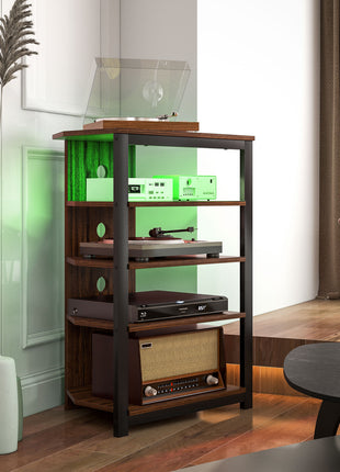 LED TV Stand, Entertainment Center with Storage Shelves and Steel Frame for Living Room, Brown