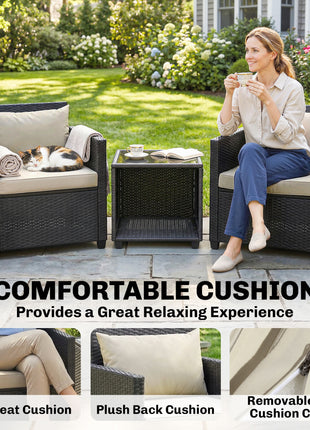 3 Piece Patio Bistro Set, Wicker Furniture Set with Thick Cushions, Glass Coffee Table and Chairs for Garden, Beige